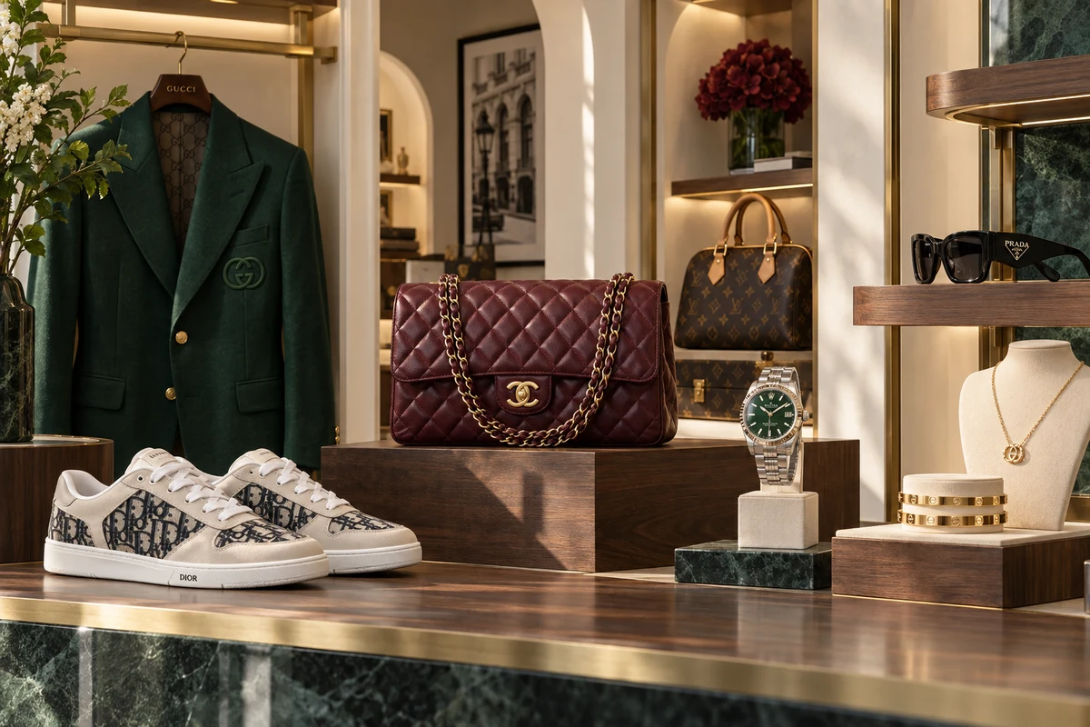 Luxury fashion display featuring designer clothing, sneakers, a handbag, watch, jewellery and sunglasses